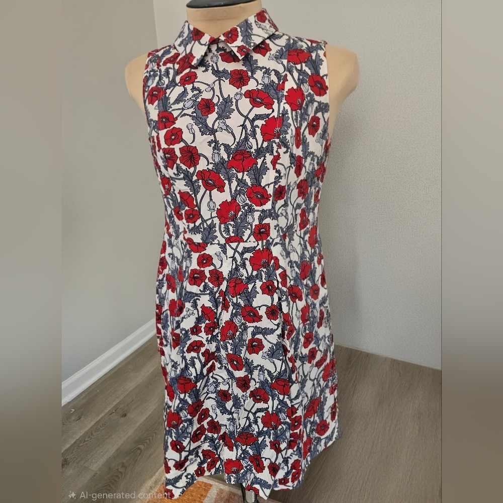 Brooks Brothers  Red Fleece Red and Blue Floral Midi Dress Sz 4